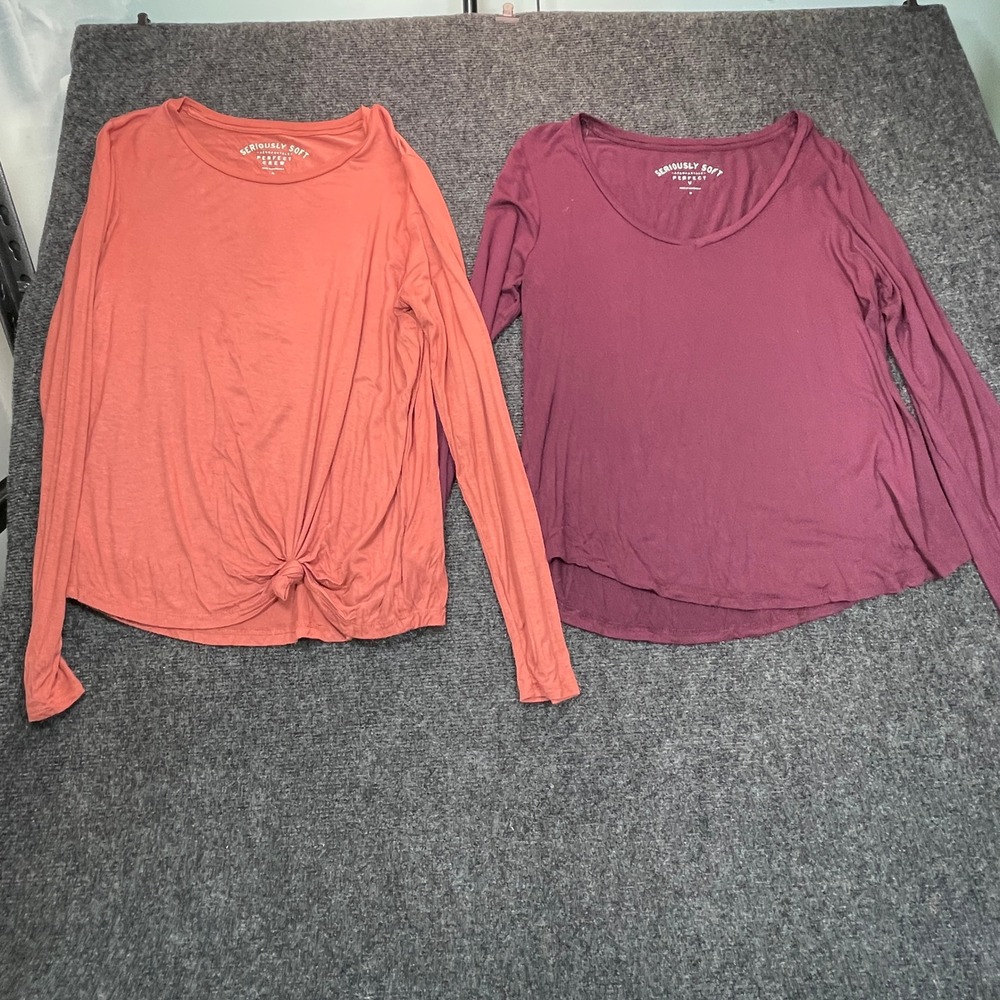 2- Aeropostale Long Sleeve Tops Women M Orange Burgundy Bundle Basics Layer Fall